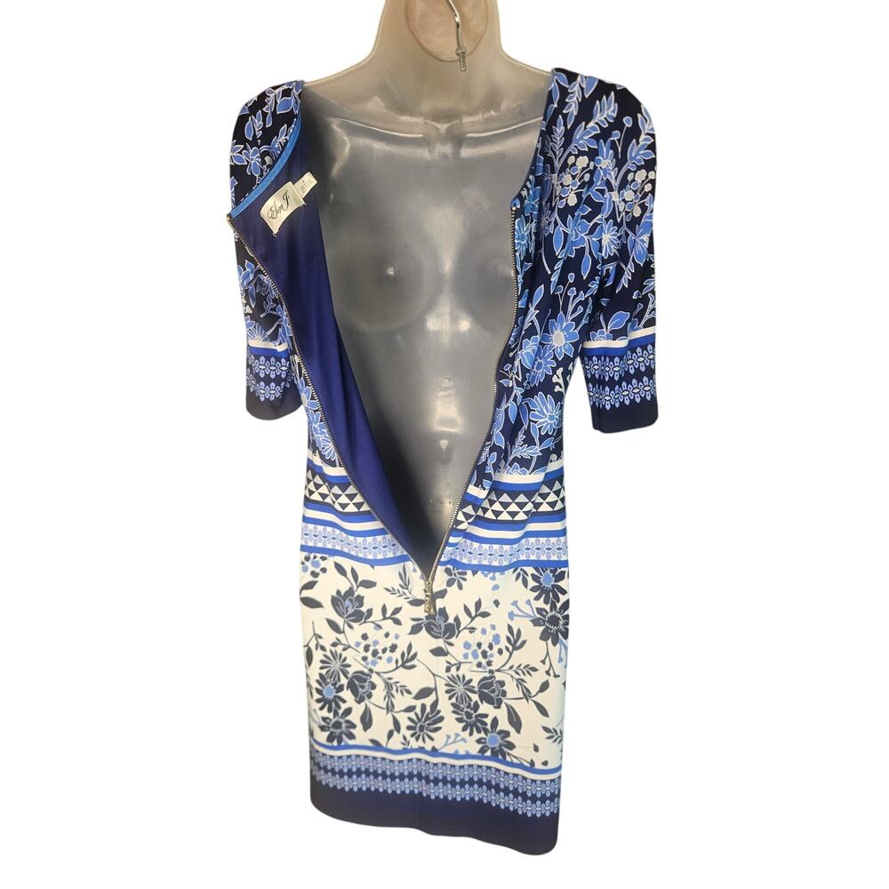 Eliza J Navy Lt Blue Sheath Dress Sz 4 Stretchy Gold Hardware zip Lined - Picture 5 of 9